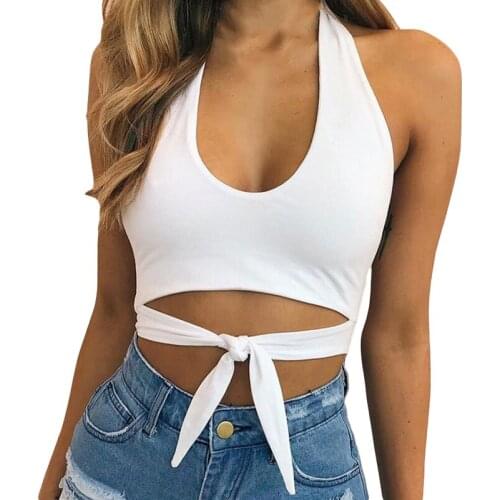 New Fashion Women Summer Halter Backless Sexy Tops Off Shoulder Sleeveless U Collar Crop Top Knotted Lady Short Tank Top 4 Color