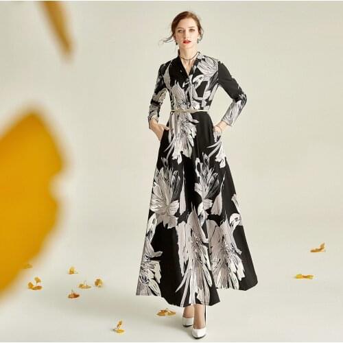 2021 Spring Vintage Long Dress Brocade Printed V Neck Dress Women Long Sleeve Party Evening Clothing Ankle-Length Ball Gown