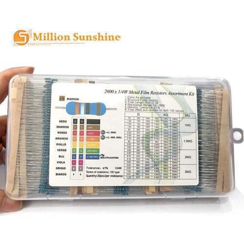 2600pcs/lot 130 Values1/4W 0.25W 1% Metal Film Resistors Assorted Pack Kit Set Lot Resistors Assortment Kits Fixed resistor EC20