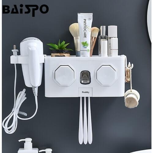 BAISPO Toothbrush Holder With Hair Dryer Rack Home Auto Toothpaste dispenser Wall Mounted Toothbrush Case Bathroom Accessories