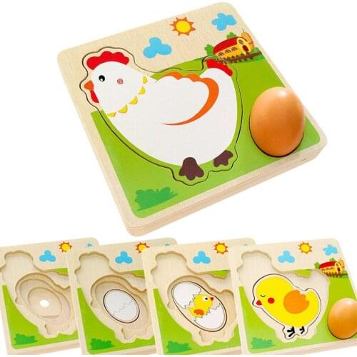 3D Wooden Puzzle Jigsaw Toys For Children Cartoon Animal Puzzles Hen Laying Eggs Growth Process Preschool Early Educational Toys