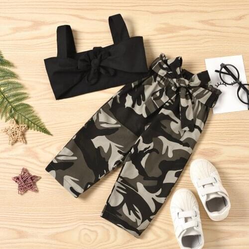 Kids Girls Clothes Casual Solid Color Knotted Sleeveless Suspender Top Camouflage Printing Pants 2Pcs Oufits Summer Clothing