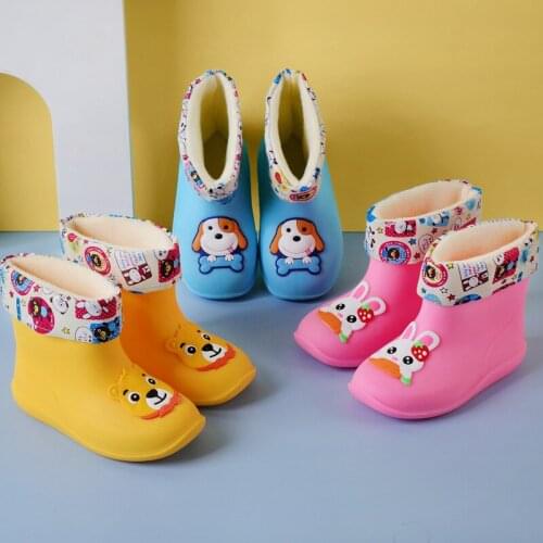 Children Rain Boots Fleece Lining Warm Design Non-slip Soft-soled Rain Boots Boy Dinosaur Cartoon Baby Waterproof Shoes