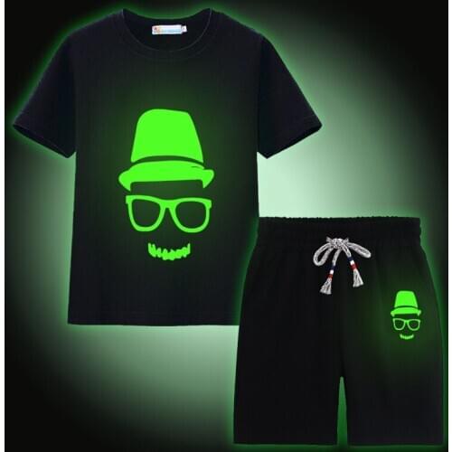 Skull Boys Clothes Sets 100% Cotton Halloween Fluorescent Girls T-Shirts Pants Children Sport Suit Kids Clothing