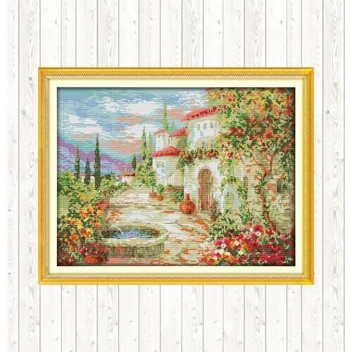 A Beautiful Garden Counted Cross Stitch Kits Scenery Painting 14ct 11ct Count Printed Canvas Embroidery Kit DMC DIY Needlework
