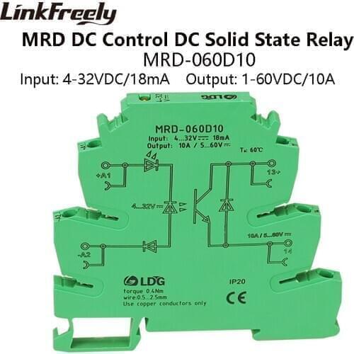 MRD-060D10 10A Mini LED Indicator SSR Solid State Relay DC DC Input: 5V 12V 24VDC Interface Voltage Switch Relay Module Din Rail