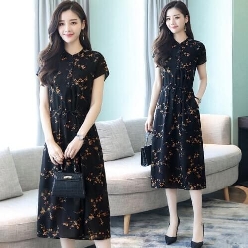 2021 Summer New Black Floral Print Vintage Dress Plus Size Midi Dresses Korean Elegant Women Party Short Sleeve Bodycon Vestidos