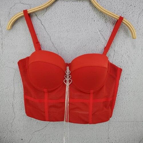 New Rhinestone Love Pendant Tassels Camisole Mesh Thin Breathable Fashion Stretch Bustier Bra Sexy Backless Crop Top for Women