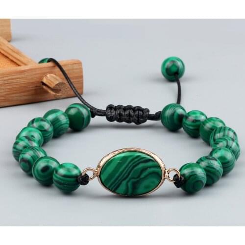 Charm Malachite Oval Pendant Bracelet 6MM 8MM Beads Leather Rope Braided Bracelets Couple Bangles Chain Jewelry Gift for Friend