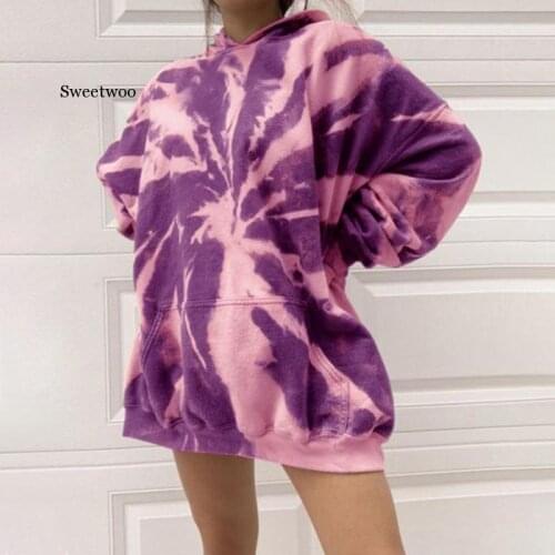 Autumn Winter Street Womens Pocket Tie-dye Hooded Loose Sweatshirt Casual Pullover Hoodies Womens Trendy Long Sweatshirts