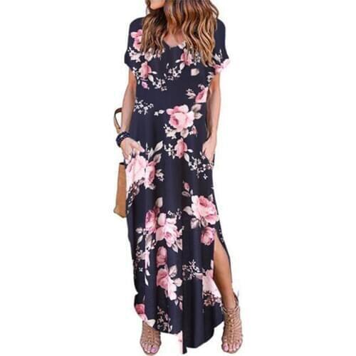 Sexy Women Dress Summer Casual Short Sleeve Floral Maxi Dress V Neck Long Lady Dresses