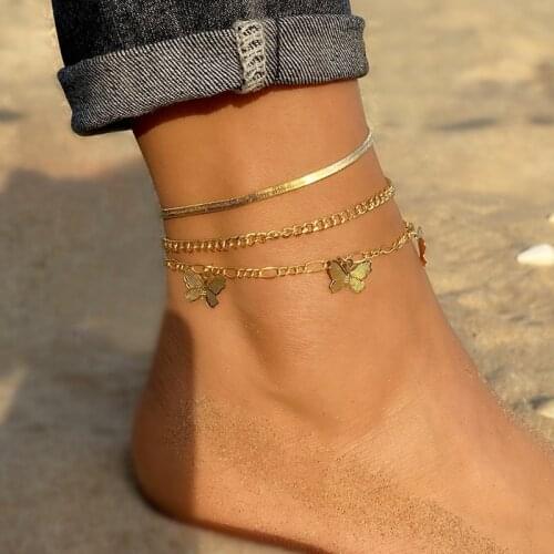 KISS WIFE Bohemian Gold Butterfly Chain Anklets Set For Women Girls Fashion Multi-layer Anklet Foot Ankle Bracelet Beach Jewelry