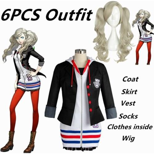 Full Set Persona 5 Anne Takamaki Cosplay Costume Wig Shoes Christmas Halloween Cosplay Jacket Coat Dress Skirt Girl Women