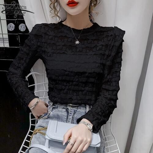 Hollow Crocheted Round Neck Pullover Puff Sleeve Womans Blouses Feminine 2021 Summer New White Long Sleeve Womans Shirts 10529