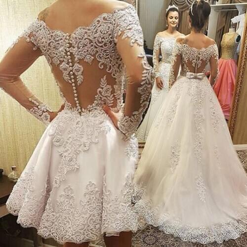Luxury Crystals Beading Bodice Wedding Dress Boho Long Sleeves Boat Neck Appliques Bridal Gown Detachable Train Vestos De Novias