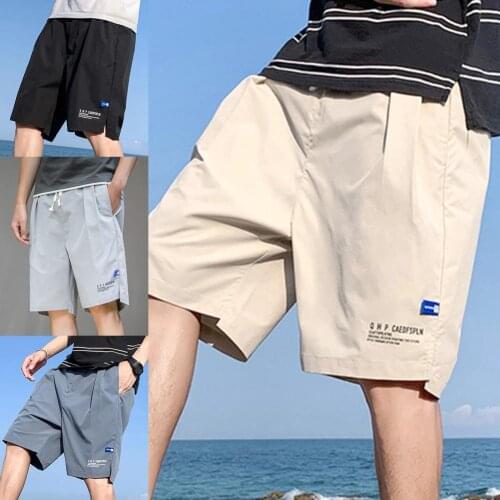 New Men Shorts Knee Length Letter Print Smooth Wide Leg Side Split Fitness Shorts Streetwear