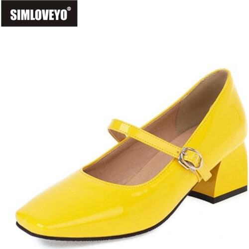 SIMLOVEYO 2021 Retro Pumps Square Toe Mary Janes Buckle Strap 5cm Chunky Heel Shoes US20 21 Black Red Apricot Blue Yellow A4247