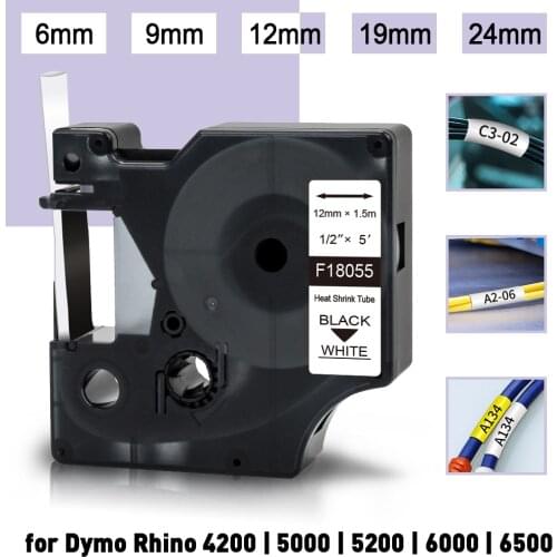 UniPlus 18055 18053 18056 Heat Shrink Tube Label Tape Compatible DYMO Rhino Label Maker 5200 6000 4200 6500 12mm 9mm 18051 18054