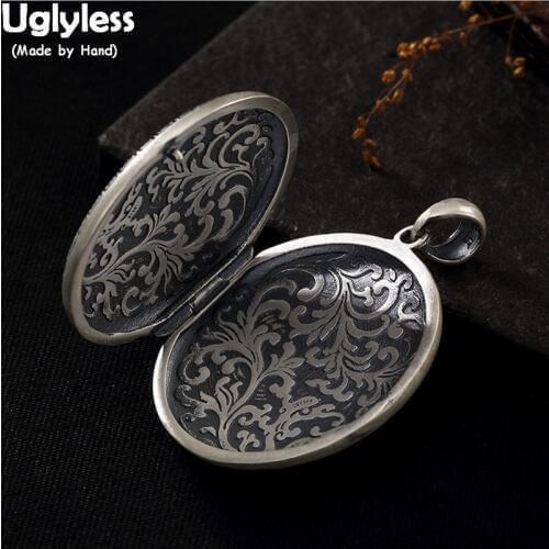 Uglyless Vintage Leaves Lotus Necklaces for Women 99% Fine Silver Creative Open Box Pendants NO Chains Orchid Grass Photo Folder