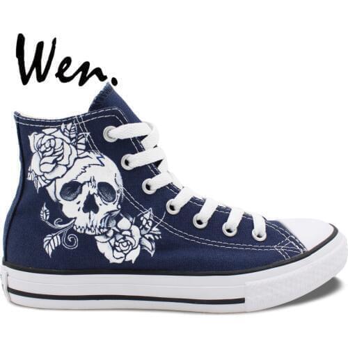 Wen Custom Design Skull Roses Skeleton Hand Painted Skateboard Shoes High Top Blue Canvas Sneakers for Man Womans Special Gifts