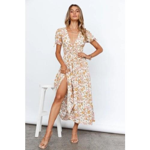 Vintage Floral Print Dress Women 2021 Casual V-neck Short Sleeve A-line Holiday Beach Midi Dresses Boho Vestidos Women Clothes