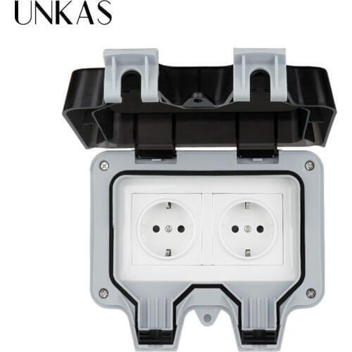 UNKAS IP66 Weatherproof Waterproof Outdoor Wall Power Socket 16A Double EU Standard Electrical Outlet Grounded AC 110~250V