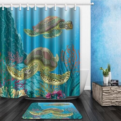 3D Tortoise Deep Sea Shower Curtain Polyester Waterproof Curtains for Bathroom + Pedestal Rug Lid Toilet Cover Bath Mat Set
