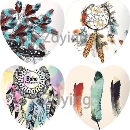 Zdying Peacock Birds animal feathers 25mm Heart Shape Glass Cabochon Pictures Beads Cameo Charm Settings DIY Jewelry Findings