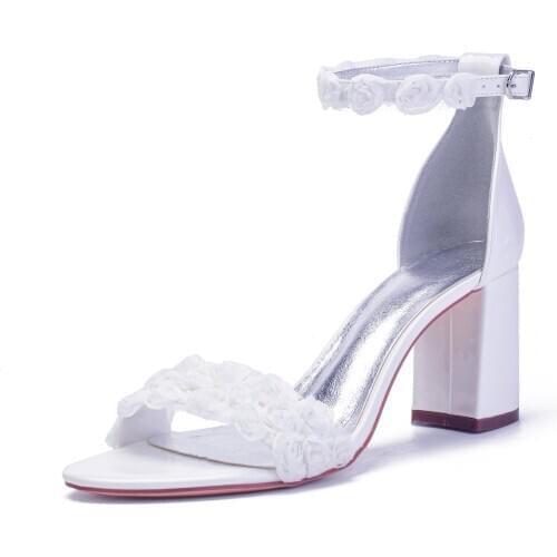 Womens White Lace Bridal Wedding Sandals Ankle Strap Chunky Heel Sandals High Heel Sandalias Ivory Wedding Pumps