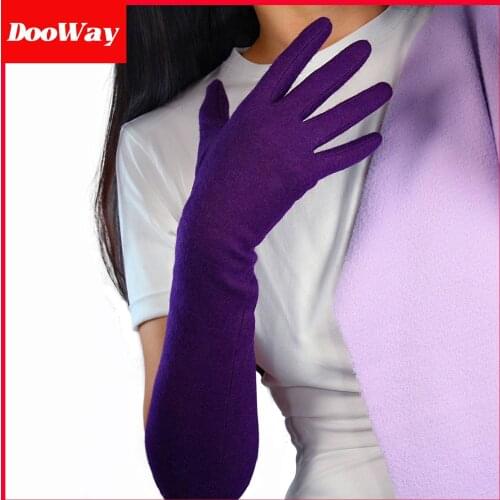 DooWay Women Wool Cashmere Fashion Gloves Elastic 20-inch Dark Purple Winter Warm Opera Dress Long Finger Gloves