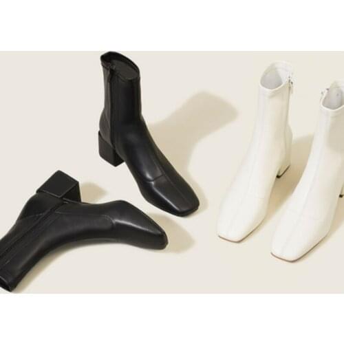 Beige Square Toe Chunky Heel Ankle Boots for Women Autumn and Winter New Side Zipper Ankle Boots Stretch Thin Boots