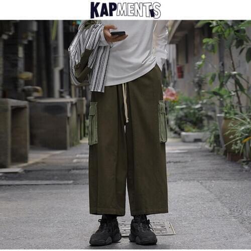 KAPMENTS Men Harajuku Sweatpants Wide Leg Cargo Pants 2021 Spring Mens Fashions Vintage Pockets Baggy Joggers Man Loose Trousers