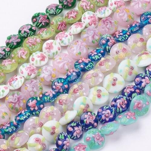 24pcs Handmade Bumpy Lampwork Beads Strands Flat Round with Flower for Jewelry Making DIY Bracelet Necklace 17~20.5x10~14mm