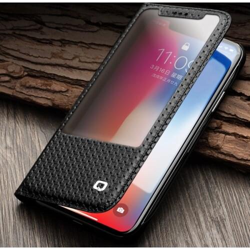 QIALINO Genuine Leather Business style Cover for iPhone X Window Flip Pure Handmade Luxury Case for iPhone X for 5.8 inch