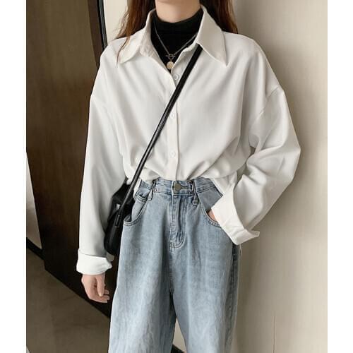 Deeptown White Collared Shirt Women Button Up Shirts Winter Korean 2021 Fashion Thicken Long Sleeve Casual Tops Solid Blouse