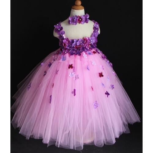 New Girls Flowers Crochet Tutu Dress Kids Fluffy Pink Tulle Tutus Ball Gown with Lace Straps and Headband Children Party Dresses
