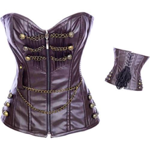 Leather Brown Steampunk Corset Waist Corsets and Bustiers Gothic Women Corselet Steel Bone Corset