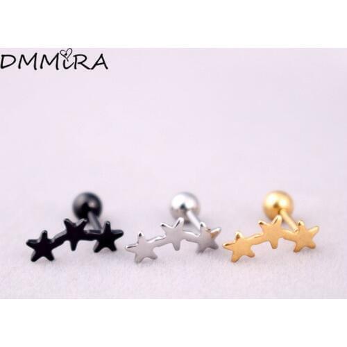 Fashion Women Punk Three Stars Earrings Titanium Steel Color Gold Black Three Small Stars Stud Earrings Brincos Jewelry