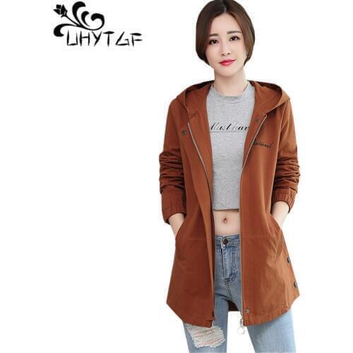 UHYTGF Fashion womens spring autumn trench coat Hooded Casual plus size tops outerwear Elegant Female long Windbreaker coats 412