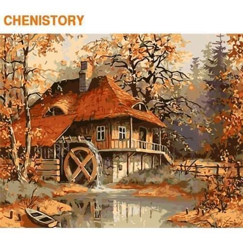 CHENISTORY Frame DIY Painting By Numbers Waterwheel Kit Modern Paint By Numbers Hand Painted Wall Art Picture For Home Decors