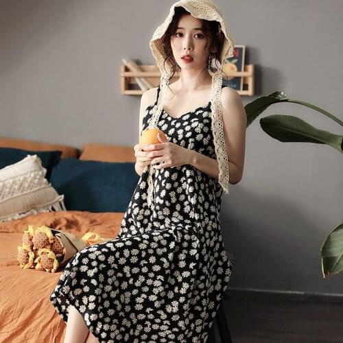 Little Daisy Nightdress Womens Summer Suspender Medium Long Wear Thin Black Dress Women Pajamas Korean Sleepwear Sexy Sleep