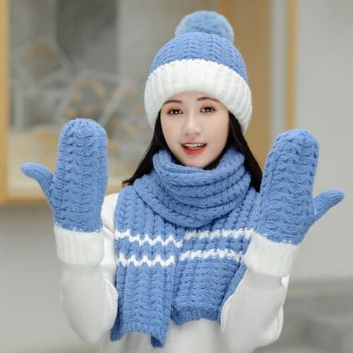 New Fur Pompom Knitted Hat Winter Warm Women Woolen Long Scarf Thicken Plush Velvet Caps Scarf Gloves 3 Piece Set Girls Beanie