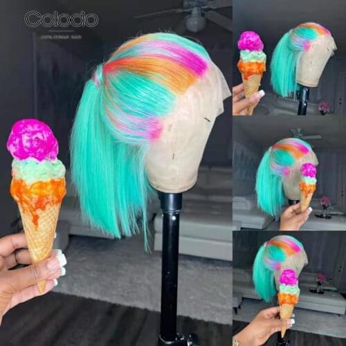 COLODO Green Orange Pink Highlight Lace Front Wigs Short Bob Wigs Brazilian Remy Human Hair Wigs Preplucked Transparent Lace wig