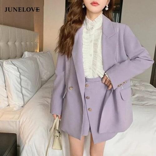 JuneLove Women Purple Blazer Jacket Casual Work Suit Vintage Office Lady Fashion Pockets Long Sleeve Suit Blazers +Shorts Female