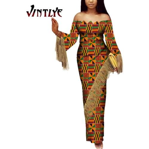 Afric Style 100% Wax Fabric Women Bell Bottom Dashiki Print African Style Casual Clubwear Party Long Dress WY5359
