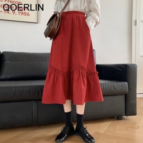 QOERLIN Korean Style Women Black Long Skirt Elastic Waist Ruffle Street Wear Loose Casual A-Line High Waist Jupe Mujer Plus Size