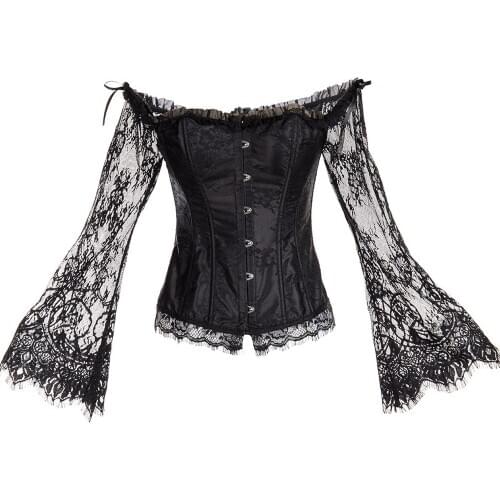 Sexy Long Flare Sleeve Lace Up Tops Plus Size Women Steampunk Corset Blouse Corselet Bustiers Victorian Retro Club Party Shirts