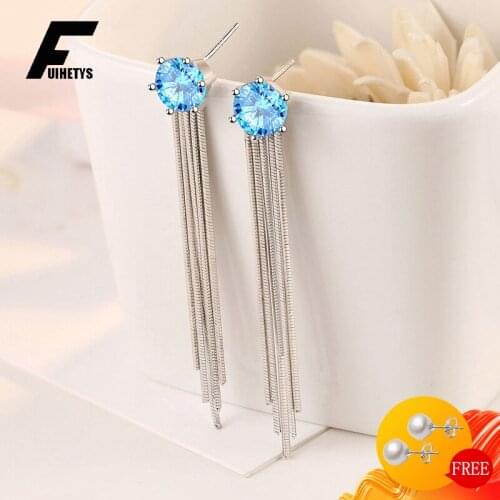 Bali Jelry Earrings 925 Silver Jewelry Round Sapphire Gemstone Long Tassel Drop Earring for Women Wedding Engagement Accessories