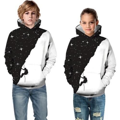 Teen Girls Boys Hoodies Black White Starry Sky Climber 3D Print Childrens Oversize Hooded Sweatshirts Kids Pullover Clothes