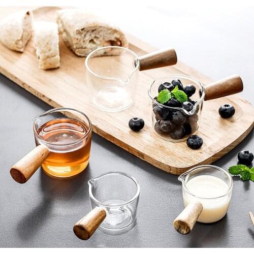 Japanese Style Little Cute Milk Jug with Wood Handle Glass Mini Milk Pot Coffee Utensils Creative Sauce Dish Seasoning Jar